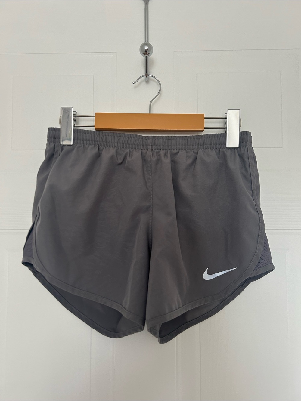 Nike Gray Women’s Athletic Running Shorts with White Swoosh